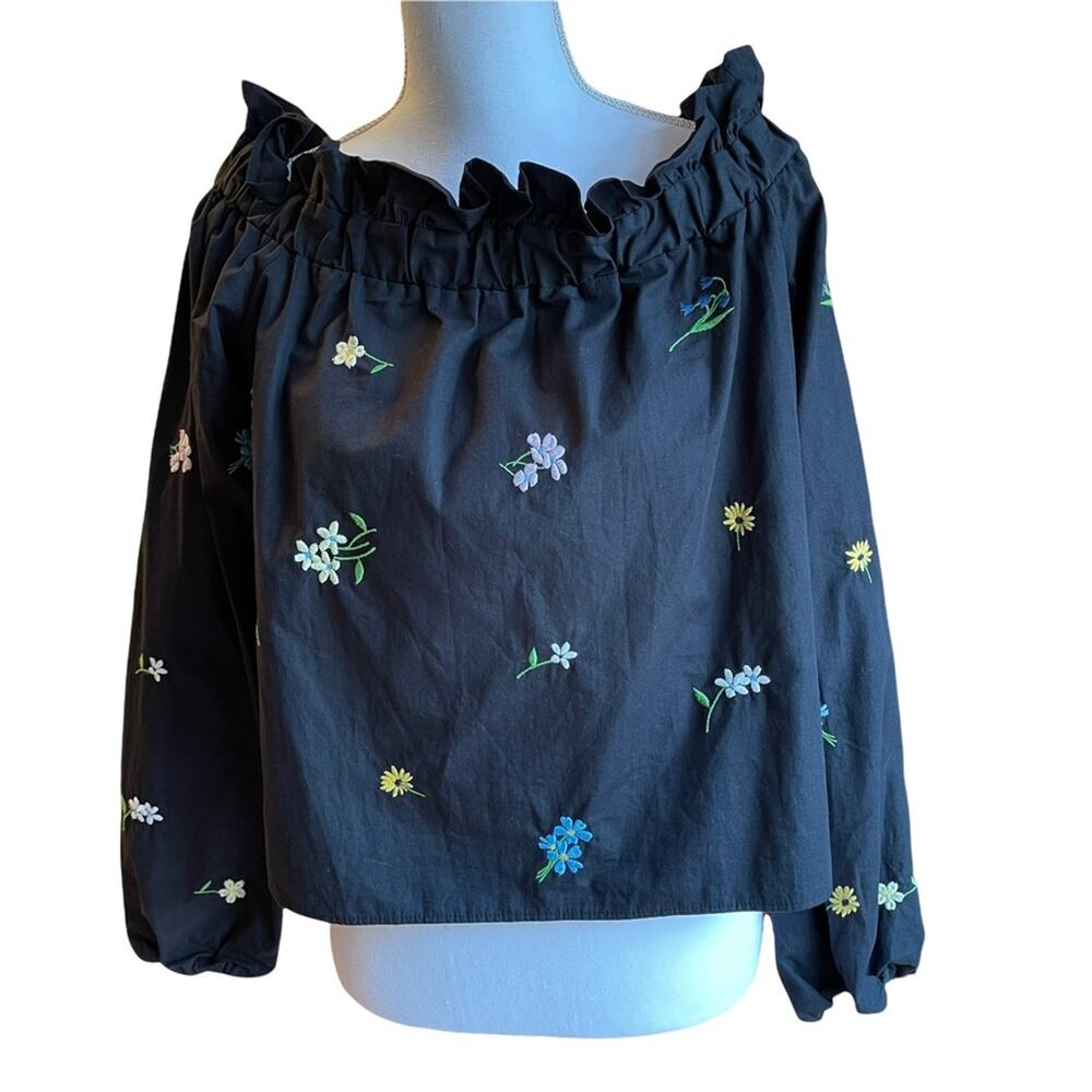 Topshop Black Off The Shoulder Embroidered Floral Top Size 8 - Picture 3 of 10